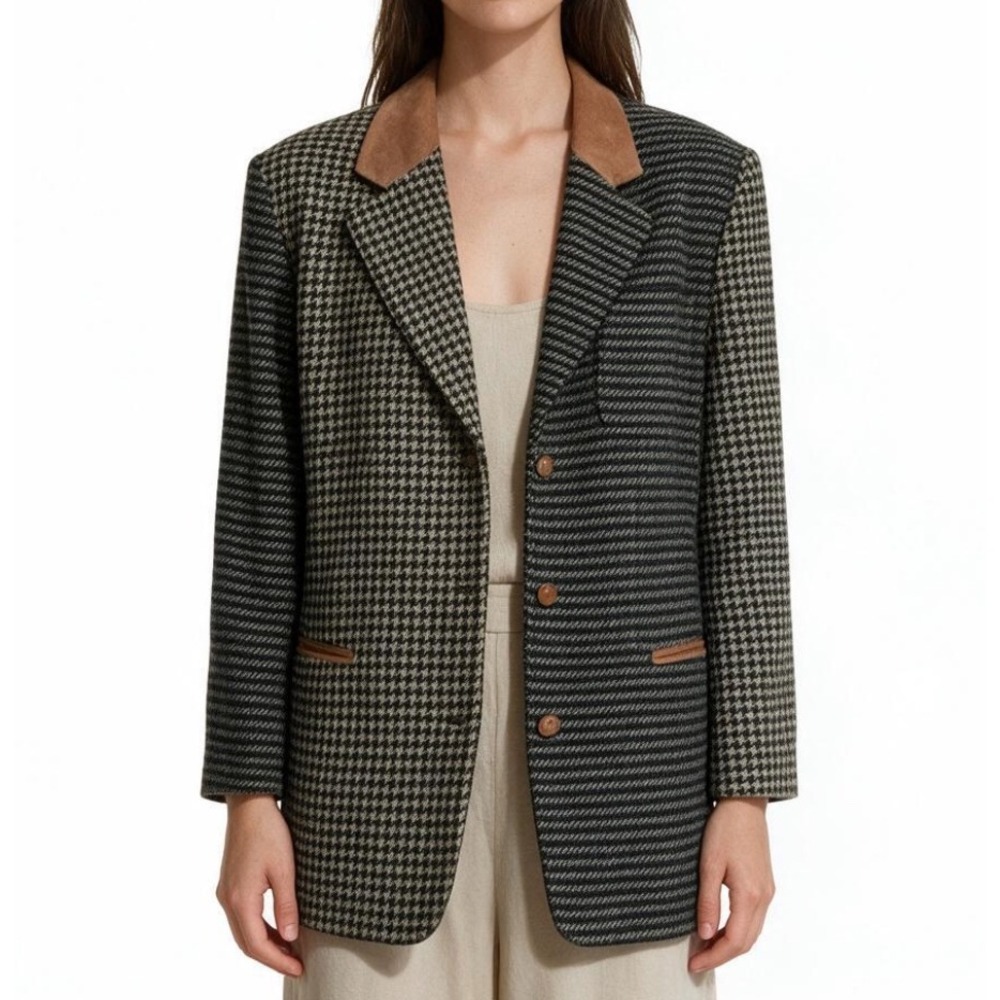 VTG Express Blazer Jacket HOUNDSTOOTH/PLAID COLORBLOCK Suede Trim Wool Blend S